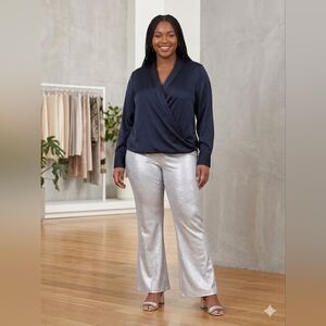 Vince Camuto New Silver Metallic Flare Leg Pants Size XL Side Zip Office Career